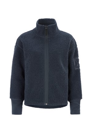 Mørkeblå fleecejakke med lynlås hele vejen foran, høj krave, lange ærmer og ribbede manchetter, vist mod en hvid baggrund.