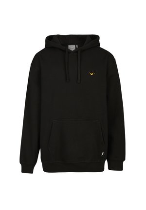 Black hooded sweatshirt made of cotton blend, featuring a front kangaroo pocket and a small yellow logo on the chest. Classic fit.