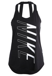 Schwarzes Tanktop mit einem auffälligen weißen "NIKE"-Logo, das diagonal aufgedruckt ist. Hergestellt aus glattem, leichtem Material mit Racerback-Design.