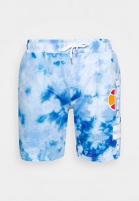 Shorts tie-dye bleus avec taille élastique, fermeture à cordon et logo blanc sur le côté gauche. Fabriqués en tissu doux.