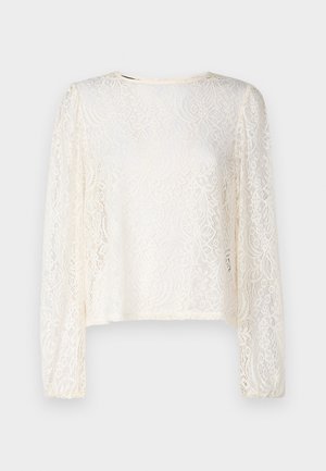 Čipkasta majica z dolgimi rokavi v off-white barvi z okroglim izrezom. Ponuja zapletene cvetlične vzorce ter ohlapen kroj z nabranimi robovi rokavov.