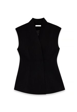 Gilet sans manches noir avec un col haut, design ajusté et texture lisse. Présente un style enveloppant et des coutures nettes sur l'ensemble.
