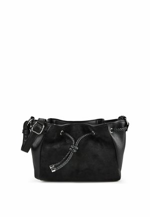 Schwarze Lederschultertasche mit geflochtenem Kordelzugverschluss und verstellbarem Schnallenriemen vor weißem Hintergrund.