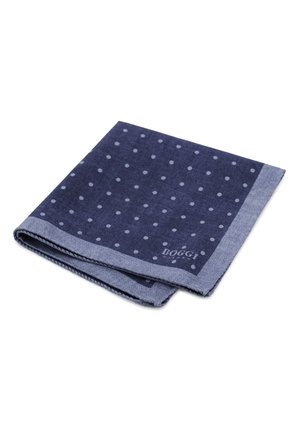 Gefaltetes dunkelblaues Einstecktuch mit kleinen hellblauen Polka-Dots und einem hellblauen Rand, gebrandet mit "Boggi" in einer Ecke.