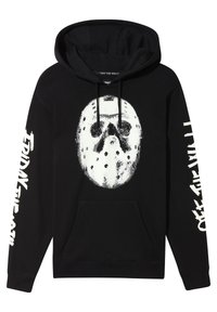 Sudadera con capucha negra que presenta un gráfico blanco prominente de una máscara de hockey en la parte frontal, con texto blanco en las mangas. Material de algodón.