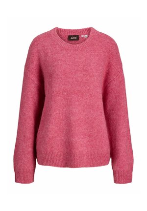 Pull tricoté rose à manches longues avec col rond, poignets et bas côtelés, réalisé en tissu doux et texturé.