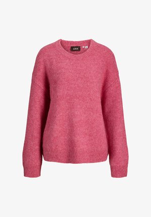 Pull tricoté rose à manches longues avec col rond, poignets et bas côtelés, réalisé en tissu doux et texturé.