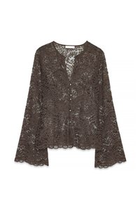 Maglietta in pizzo marrone con scollatura a V, maniche lunghe a campana e dettagli con bottoni. Motivi floreali intricati su tutta la stoffa. Bordo scalloppato.