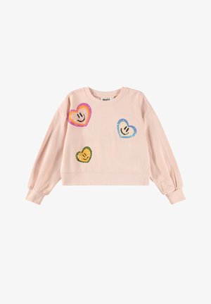 Svijetlo ružičasti dukserica dugih rukava s tri šarena zlatna srca s osmijehom u narančastoj, plavoj i zelenoj boji na prednjoj strani.