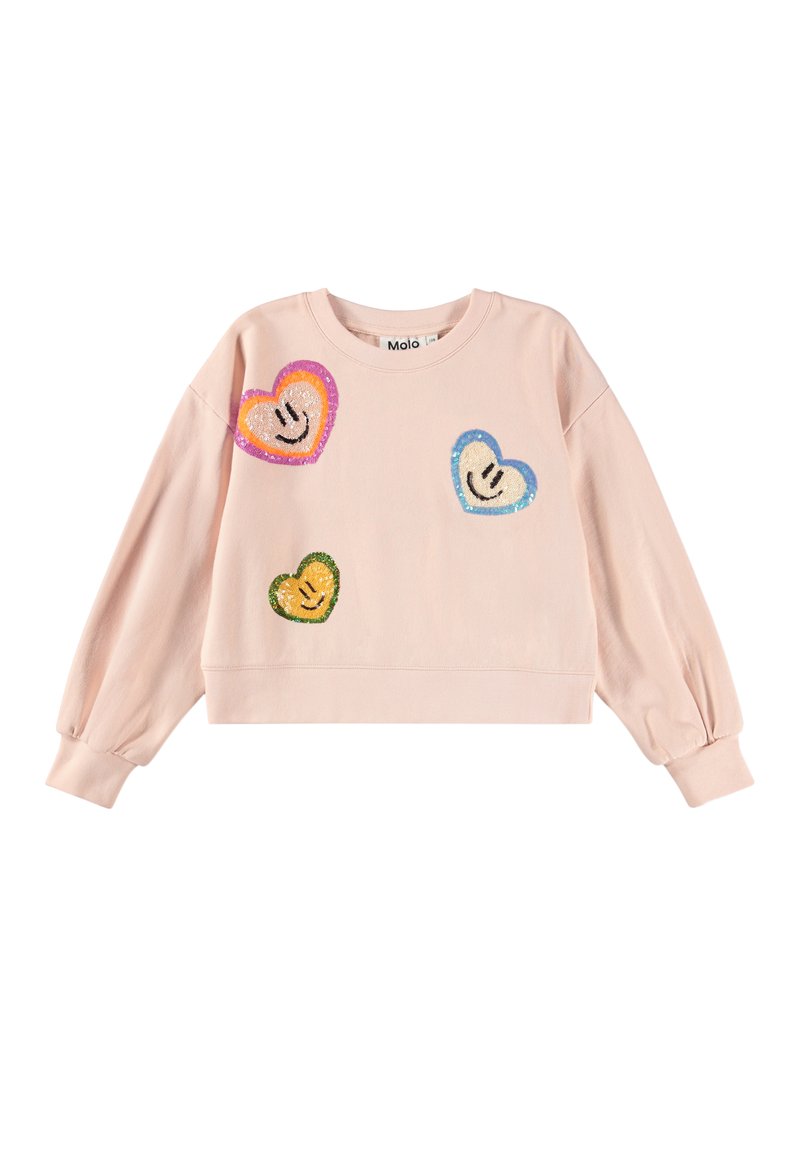 Svetloružová mikina s dlhým rukávom, na prednej strane s tromi farebnými flitrovými srdcičkami v oranžovej, modrej a zelenej farbe.