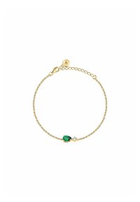 Bracciale in oro con un gemstone a forma di pera verde e una pietra rotonda trasparente, dotato di chiusura a moschettone e catena regolabile.