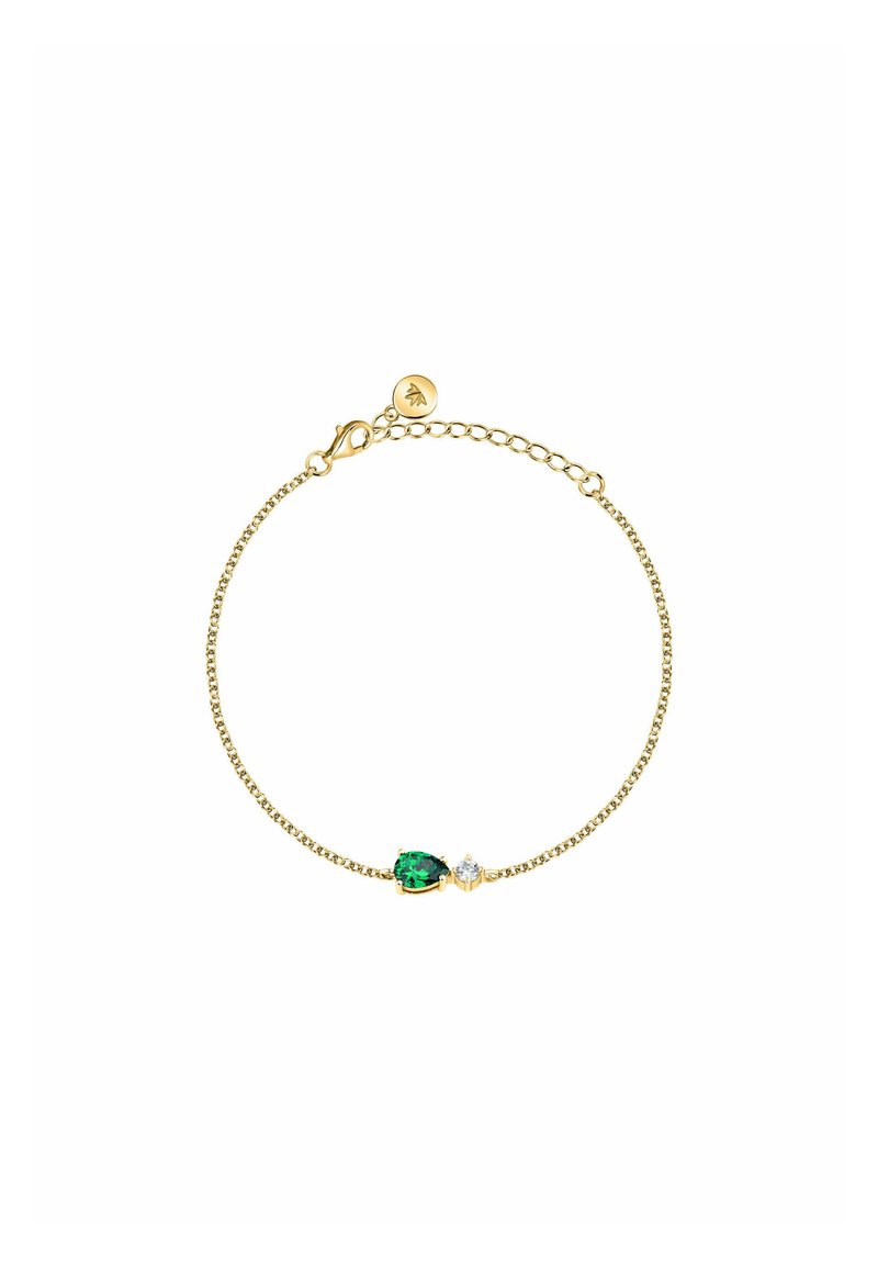 Bracciale in oro con un gemstone a forma di pera verde e una pietra rotonda trasparente, dotato di chiusura a moschettone e catena regolabile.