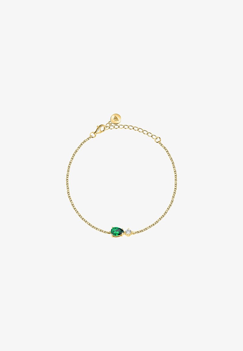 Bracciale in oro con un gemstone a forma di pera verde e una pietra rotonda trasparente, dotato di chiusura a moschettone e catena regolabile.