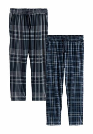 Zwei Paar Herren-Schlafanzuhosen mit einem navy-blauen und grauen Karomuster, elastischem Bund und Kordelzug, aus einem weichen, glatten Stoff gefertigt.