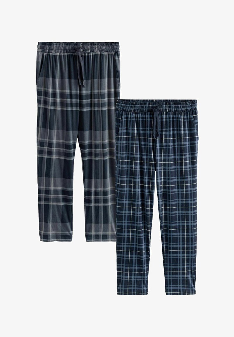 Två par herrpyjamasbyxor med ett marinblått och grått rutmönster, elastiskt midjeband och dragsko, med mjuk och slät tygkvalitet.