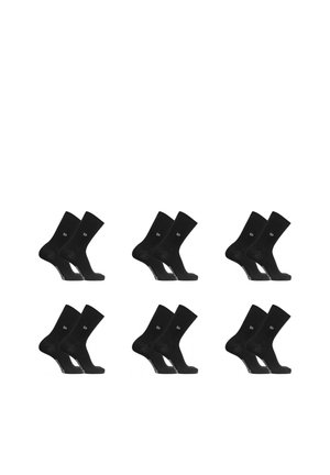 Six paires de chaussettes noires mi-mollet disposées en deux rangées sur un fond blanc, chaque paire présentée côte à côte avec un logo près de la cheville.