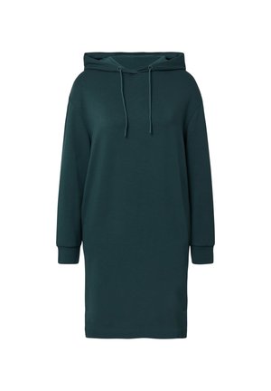 Gehoode sweatshirt jurk in donker teal, gemaakt van zachte stof. Heeft lange mouwen, een verstelbare capuchon en geribde manchetten. Soepele textuur, losse pasvorm.