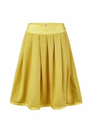 Gele geplooide rok met een bloemenpatroon op de tailleband en zoom, gemaakt van een gestructureerde stof, knielengte, uitlopende pasvorm.