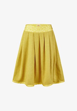 Gelber Faltenrock mit floral gemustertem Taillenbund und Saum, aus strukturiertem Stoff, knieumspielend, ausgestellte Silhouette.