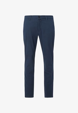 Marineblauwe broek van katoenmix, met een rits, knoopsluiting en zijzakken. Rechte pijp met een gladde textuur.