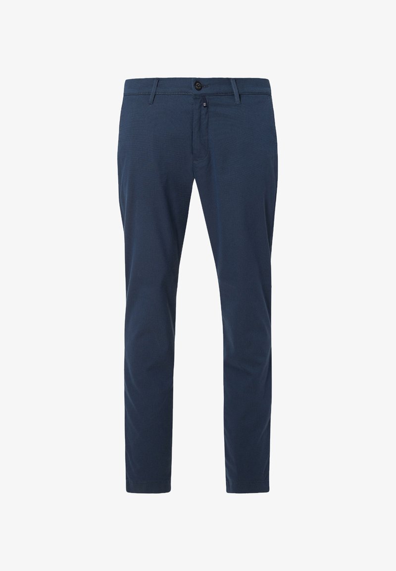Marineblauwe broek van katoenmix, met een rits, knoopsluiting en zijzakken. Rechte pijp met een gladde textuur.