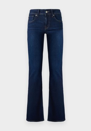 Dark blue denim flared jeans with a mid-rise waist, front pockets, and contrasting stitching. Features a metal button closure and belt loops.