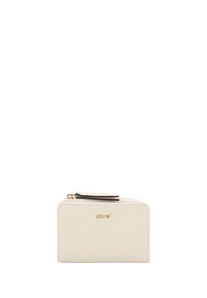 Compact cream-colored leather wallet with gold zipper and small gold logo on front, isolated on white background.
