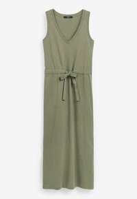 Robe sans manches en tricot, verte olive, avec un décolleté en V et une ceinture à nouer. Présente une coupe ample et un style droit jusqu'à la cheville.