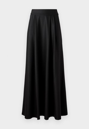 Black, floor-length skirt with a smooth texture, wide waistband, and pleated design, featuring no visible patterns or embellishments.