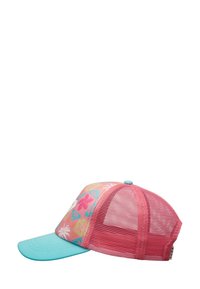 Gorra camionera para niños de malla rosa con visera azul y patrón floral tropical en los paneles frontales, vista lateral sobre fondo blanco.