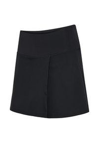 Musta A-linjainen hame, jossa leveä joustava vyötärönauha ja edessä päällekkäin oleva paneeli, valmistettu sileästä kankaasta.