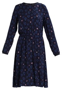 Dunkelmarineblaues Kleid mit langen Ärmeln, elastischem Bund und einem Muster aus blauen Herzen und pinken Xs. Glattes Material mit einer lockeren Passform.