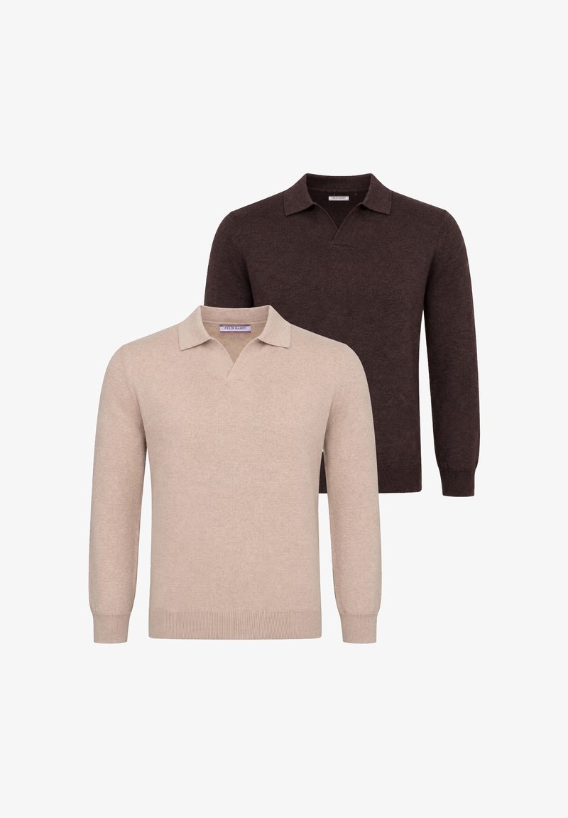 Deux pulls polo en maille à manches longues, un beige et un marron foncé, présentés sur un fond blanc avec de petits cols et des poignets côtelés.
