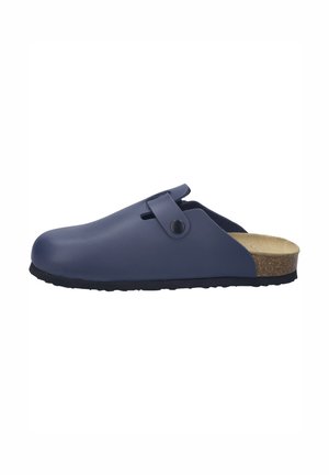Blue synthetic clogs with a cork insole, slip-on design, and a black rubber sole. Features a side button for secure fitting.
