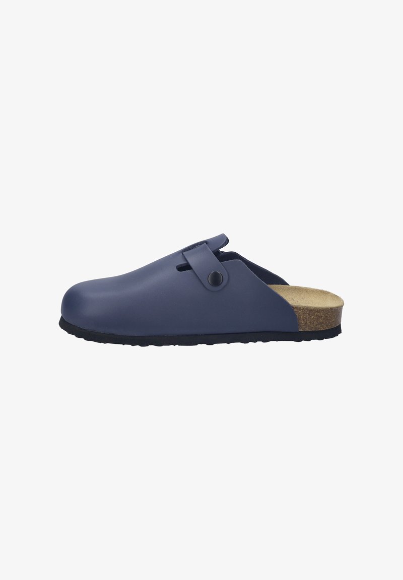 Zoccoli sintetici blu con soletta in sughero, design slip-on e suola in gomma nera. Presentano un bottone laterale per una vestibilità sicura.
