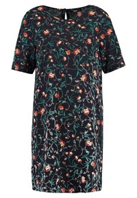 Robe à motif floral avec manches courtes, en tissu léger. Base bleu marine foncé avec motifs floraux rouges et verts. Détail dos avec ouverture en forme de goutte.