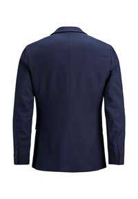 Navy blue blazer, tailored fit, single-breasted design, structured shoulders, vented back, with four black button accents on the cuffs.