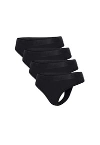 Quatre slips noirs de la marque Fila empilés en diagonale avec des ceintures élastiques présentant un logo en relief.