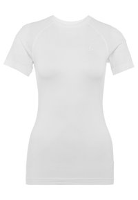White short-sleeve athletic shirt with crew neck and subtle logo on the chest, fitted for women's activewear.