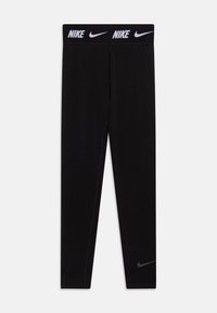 Black Nike leggings with a wide waistband featuring repeated white Nike logo. Smooth fabric, close-fitting design, minimal side seams.