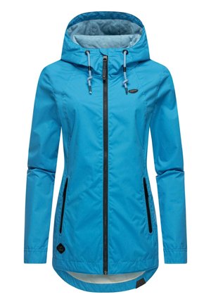 Giacca impermeabile di colore azzurro chiaro con cappuccio, zip frontale e due tasche laterali. Presenta zip nera a contrasto e dettagli con cordino.