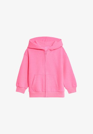 Felpa rosa con zip realizzata in materiale morbido, dotata di un ampio cappuccio, due tasche frontali e polsini e orlo a coste.