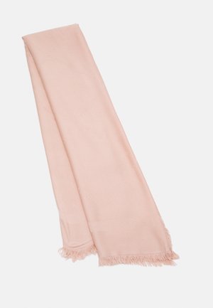 Écharpe rectangulaire rose pâle douce avec des franges légères sur les deux bords les plus courts, étalée à plat et légèrement pliée sur fond blanc.