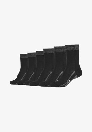 Sechs Paar schwarze Socken mit einem Fischgrätmuster am Bündchen, glatter Textur, verstärktem Zehenbereich und dezenten grauen Akzenten an den Seiten.