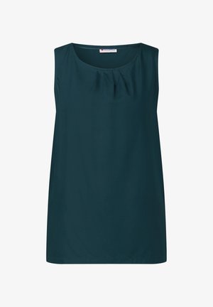 Top senza maniche in verde scuro, con scollatura rotonda e dettagli arricciati sul davanti. Tessuto liscio e leggero con una vestibilità rilassata.