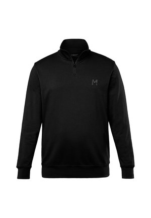 Zwarte pullover sweatshirt met een ritssluiting bij de kraag, lange mouwen en een logo op de borst. Gemaakt van zachte, gestructureerde stof.