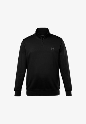 Black pullover sweatshirt with a zippered collar, long sleeves, and a logo on the chest. Made from soft, textured fabric.
