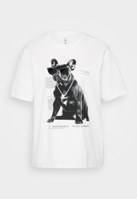 White cotton t-shirt featuring a black and white print of a French Bulldog wearing sunglasses and a chain necklace, with text below.