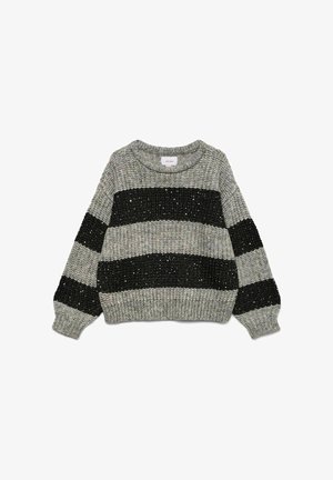 Knitted sweater in gray with black horizontal stripes. Features a rounded neckline and textured fabric with a slightly loose fit.