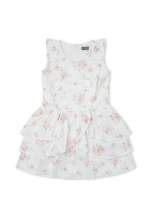 Vestido blanco sin mangas para niño pequeño con estampado floral rosa, volantes en la parte delantera y capas en falda de varios niveles.